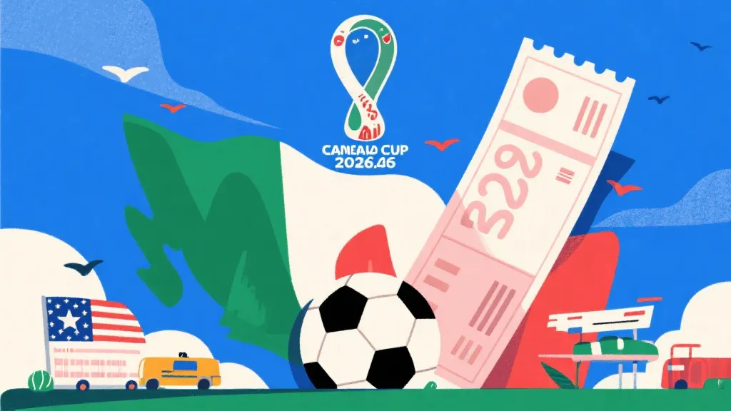 2026年美加墨世界杯概念图，包含足球与高昂旅行账单元素
